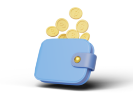 pièce d'or tombant dans un portefeuille flottant sur transparent. banque mobile et service de paiement en ligne. économiser la pièce d'un dollar dans la tirelire du cochon. économiser de l'argent et du concept financier d'entreprise. rendu 3D. png