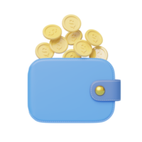 Gold coin falling into wallet floating on transparent. mobile banking and Online payment service. Save dollar coin in Pig money box. Saving money wealth and business financial concept. 3d render. png