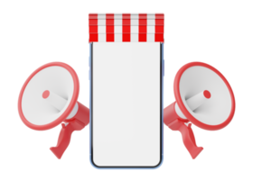 mégaphone blanc et rouge, téléphone avec auvent flottant sur transparent. marché numérique en ligne, concept de commerce électronique. bannière de promotion des ventes. smartphone avec devanture de magasin. rendu 3d. png