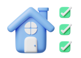 Casa azul 3d con ventanas, icono de puerta. modelo de casa, casilla de verificación flotante en transparente. negocios sobre inversión, bienes raíces, hipotecas. icono de dibujos animados de maqueta estilo minimalista. Ilustración de procesamiento 3d.