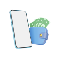 Phone with cash money into wallet float on transparent. Mobile banking and Online payment service. Saving money wealth and business financial concept. Smartphone money transfer online. 3d render. png