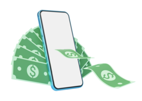 Cash money flew out of phone floating on transparent. Mobile banking and Online payment service. Saving money wealth and business financial concept. Smartphone money transfer online. 3d render. png