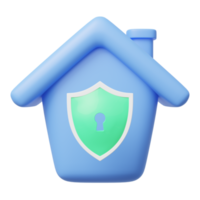 3d blue house with chimney icon. Cute home model, keyhole shield security floating on transparent. Business about investment, home security concept. Cartoon minimal style. 3d render illustration. png