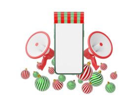 mégaphone blanc et rouge, téléphone avec auvent flottant sur transparent. marché numérique en ligne, concept de commerce électronique. bannière de promotion pour joyeux noël. smartphone avec devanture de magasin. rendu 3d. png