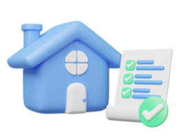 3d blue house, paper sheets, check marks icon. Home model, checklist floating on transparent. Approved document. Home Inspection concept. Mockup cartoon icon minimal style. 3d render illustration. png