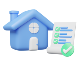 3d blauw huis, papier lakens, controleren merken icoon. huis model, checklist drijvend Aan transparant. goedgekeurd document. huis inspectie concept. mockup tekenfilm icoon minimaal stijl. 3d geven illustratie. png