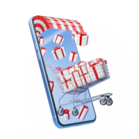 Shopping cart, gift box flew out of phone with awning floating on transparent. Digital market online, e commerce concept. Sale promotion banner. smartphone with store front. 3d rendering. png