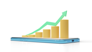 Gold coins stack graph with green arrow up on blue phone. Mobile banking and online payment service, e commerce. Steps to success. Saving wealth and business financial concept. 3d render png