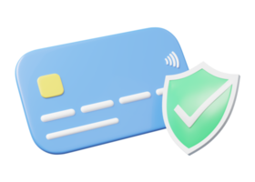 3d kreditera kort attrapp flytande med kolla upp skydda säkerhet isolerat på transparent. säkerhet mobil bank och uppkopplad service. digital marknadsföring, e handel. lätt handla. tecknad serie minimal framställa. png