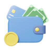 3d render cash money, credit card into wallet, coin float on transparent. Mobile banking, Online payment service. Saving money and business. Bonus cash back and refund cartoon style. Cashback icon png