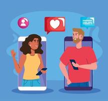 pareja de usuarios en teléfonos inteligentes con iconos de redes sociales vector