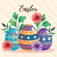 happy easter celebration card with eggs painted and flowers vector