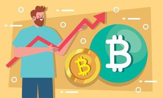 hombre y bitcoin con flecha vector