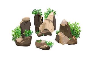 colección de piedras y plantas de diversas formas. guijarros costeros, adoquines, grava, minerales y formaciones geológicas. fragmentos de roca, cantos rodados y material de construcción. vector