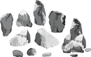 colección de piedras y plantas de diversas formas. guijarros costeros, adoquines, grava, minerales y formaciones geológicas. fragmentos de roca, cantos rodados y material de construcción. vector