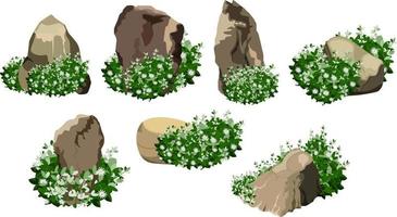 Collection of stones and plants of various shapes.Coastal pebbles,cobblestones,gravel,minerals and geological formations.Rock fragments,boulders and building material. vector