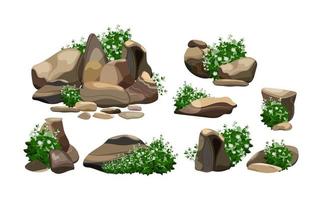 colección de piedras y plantas de diversas formas. guijarros costeros, adoquines, grava, minerales y formaciones geológicas. fragmentos de roca, cantos rodados y material de construcción. vector