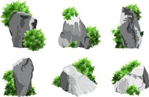 colección de piedras y plantas de diversas formas. guijarros costeros, adoquines, grava, minerales y formaciones geológicas. fragmentos de roca, cantos rodados y material de construcción. vector