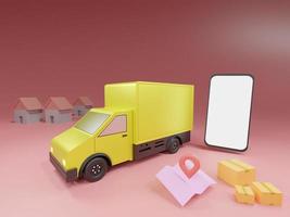 concepto de aplicación de servicio de entrega en línea, camioneta de entrega y teléfono móvil con mapa. representación 3d foto