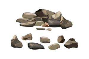 colección de piedras y plantas de diversas formas. guijarros costeros, adoquines, grava, minerales y formaciones geológicas. fragmentos de roca, cantos rodados y material de construcción. vector