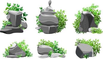 Collection of stones and plants of various shapes.Coastal pebbles,cobblestones,gravel,minerals and geological formations.Rock fragments,boulders and building material. vector