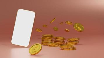 Stack of golden coins with white screen mobile mockup over pink background. 3D rendering. photo