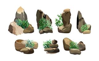 colección de piedras y plantas de diversas formas. guijarros costeros, adoquines, grava, minerales y formaciones geológicas. fragmentos de roca, cantos rodados y material de construcción. vector