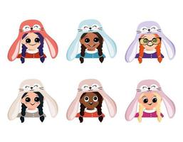 Set avatars girl of different nationalities with big eyes and wide happy smile in rabbit hat. Head of child with joyful face in festive costume for New Year and Christmas. Vector flat illustration