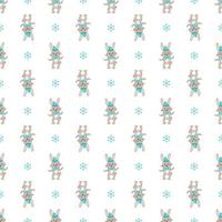 Seamless pattern with cute rabbit or hare in hat with snowflakes. Festive print with funny smile animals for New Year and Christmas. Vector flat illustration