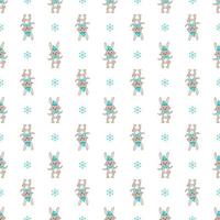 Seamless pattern with cute rabbit or hare in hat with snowflakes. Festive print with funny smile animals for New Year and Christmas. Vector flat illustration