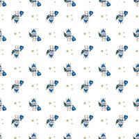 Seamless pattern with cute rabbit or hare in Santa hat with bag of presents and stars. Festive print of funny animals for New Year and Christmas. Vector flat illustration