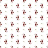 Seamless pattern with cute rabbit or hare in Santa hat with gift box and stars. Festive print of funny animals for New Year and Christmas. Vector flat illustration