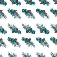 Christmas seamless pattern with fir branches with blue needles, red berries and cones for postcards and design. Festive decoration print for New Year and winter holidays vector