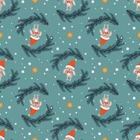 Seamless Christmas pattern with rabbit or bunny, fir trees, stars and snowflakes on blue background. Bright print for New Year and holiday, wrapping paper, textiles and design. Vector illustration