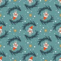 Seamless Christmas pattern with rabbit or bunny, fir trees, stars and snowflakes on blue background. Bright print for New Year and holiday, wrapping paper, textiles and design. Vector illustration