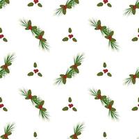 Christmas seamless pattern with fir and pine branches, long coniferous needles and cones with red berries for postcards and design. Festive decoration print for New Year and winter holidays vector