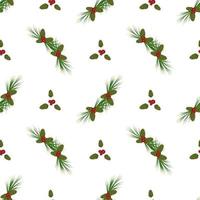 Christmas seamless pattern with fir and pine branches, long coniferous needles and cones with red berries for postcards and design. Festive decoration print for New Year and winter holidays vector