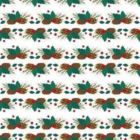 Christmas seamless pattern with fir tree branches with golden cones, holly leaves and berries, pine needles for postcards and design. Festive decoration print for New Year and winter holidays vector
