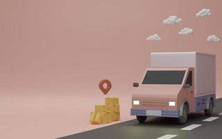 delivery service concept, Delivery to home. Delivery van, brown box package and pin. 3D rendering. photo