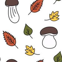 Cute autumn mushroom leaf pattern. Doodle colorful mushrooms and leaves autumn background. Endless, seamless pattern. Hand drawn cozy vector illustration.