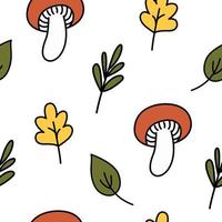 Cute autumn mushroom leaf pattern. Doodle colorful mushrooms and leaves autumn background. Endless, seamless pattern. Hand drawn cozy vector illustration.