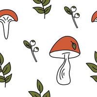 Cute autumn mushroom leaf pattern. Doodle colorful mushrooms, berries and leaves autumn background. Endless, seamless pattern. Hand drawn cozy vector illustration.