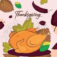 Colored happy thanksgiving day poster with turkey food and autumn leaves Vector illustration