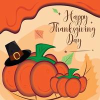 Pair of pumpkins with pilgrim hat Happy thanksgiving day poster Vector illustration
