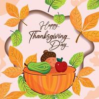 Colored happy thanksgiving day with autumn fruits and pumpkin Vector illustration