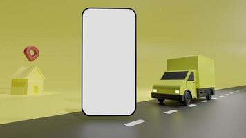 The yellow truck with white screen mobile phone mockup, over yellow background order delivery. Online tracking. 3D rendering. photo