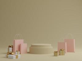 Minimal pastel background with podium, gift box and shopping bag for product. 3D rendering. photo