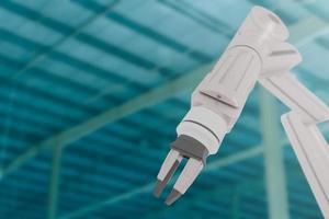 white robotic arm in industrial buildings, 3D render photo