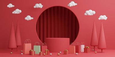 Minimal mock up scene. podium, pedestal, platform, stage for cosmetic product display. winter christmas red background with tree xmas. 3D rendering photo