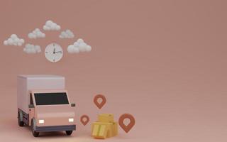 delivery service concept, Delivery to home. Delivery van, brown box package and pin. 3D rendering. photo